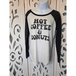 Hot Coffee and Donuts Shirt Womens Medium Raglan Long Sleeve Graphic Tee Casual